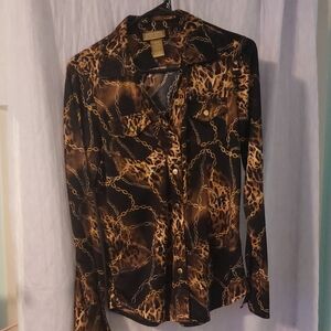 Ms Tina Safari Blouse Leopard And Chain Print EUC Size 8-10. (#57)